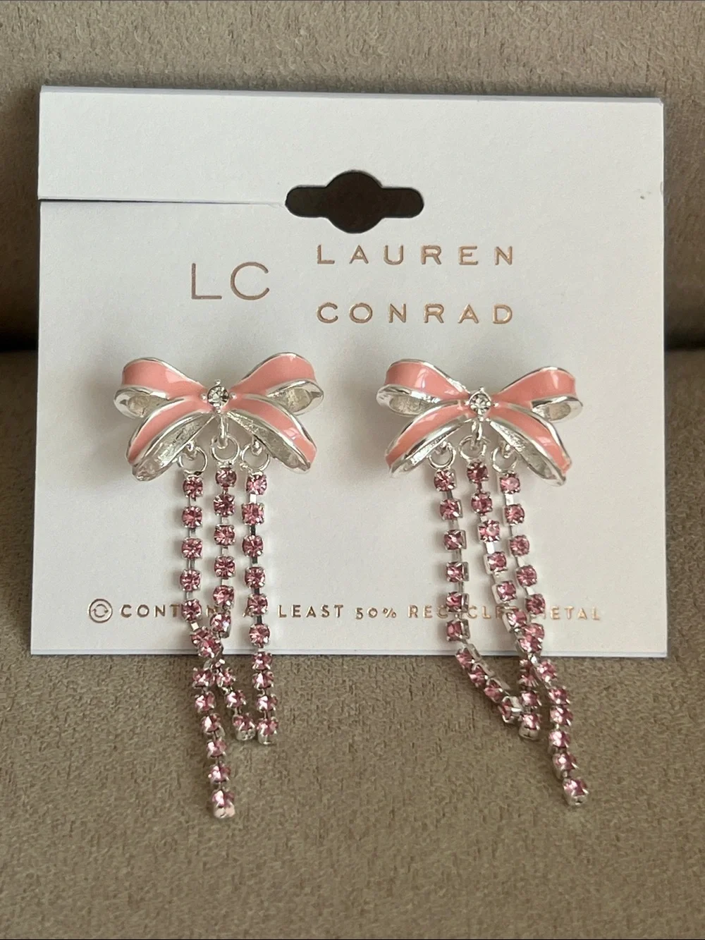 NWT LC Lauren Conrad Pink Enamel Bow Earrings with Pink Crystal Tassels